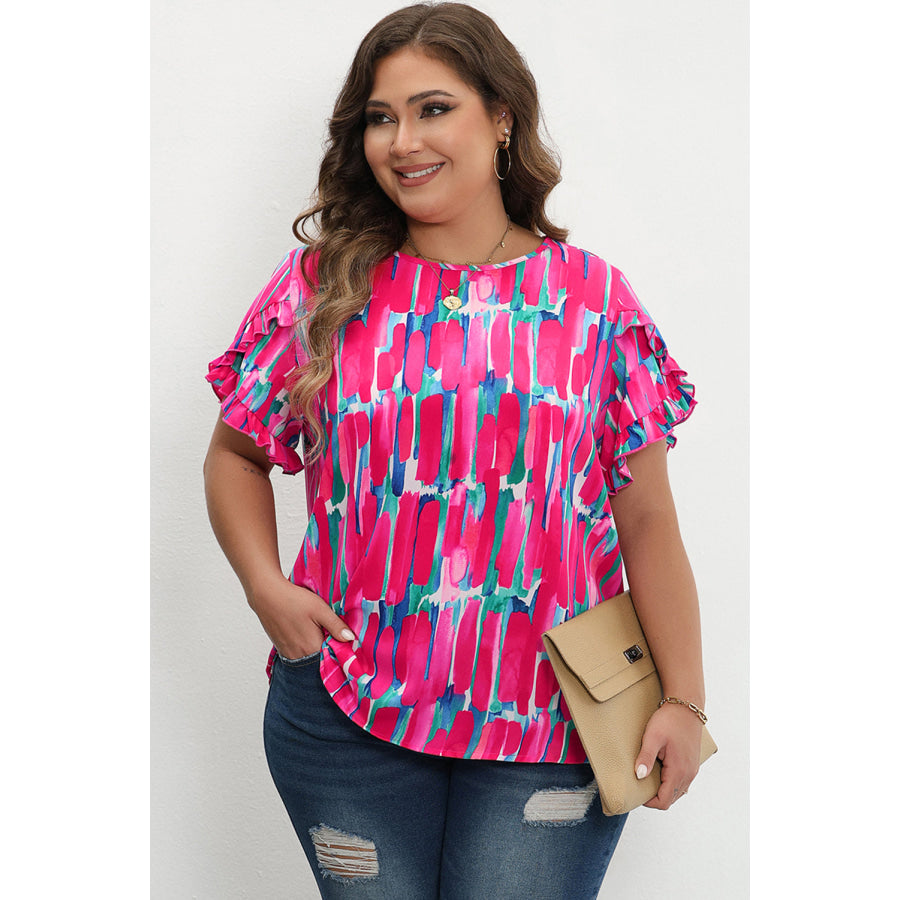 Rose Plus Size Abstract Print Ruffled Petal Sleeve Blouse Plus Size/Plus Size Tops/Plus Size Blouses &amp; Shirts