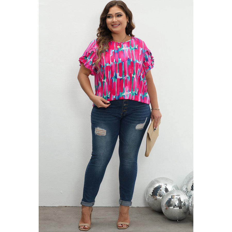 Rose Plus Size Abstract Print Ruffled Petal Sleeve Blouse Plus Size/Plus Size Tops/Plus Size Blouses &amp; Shirts