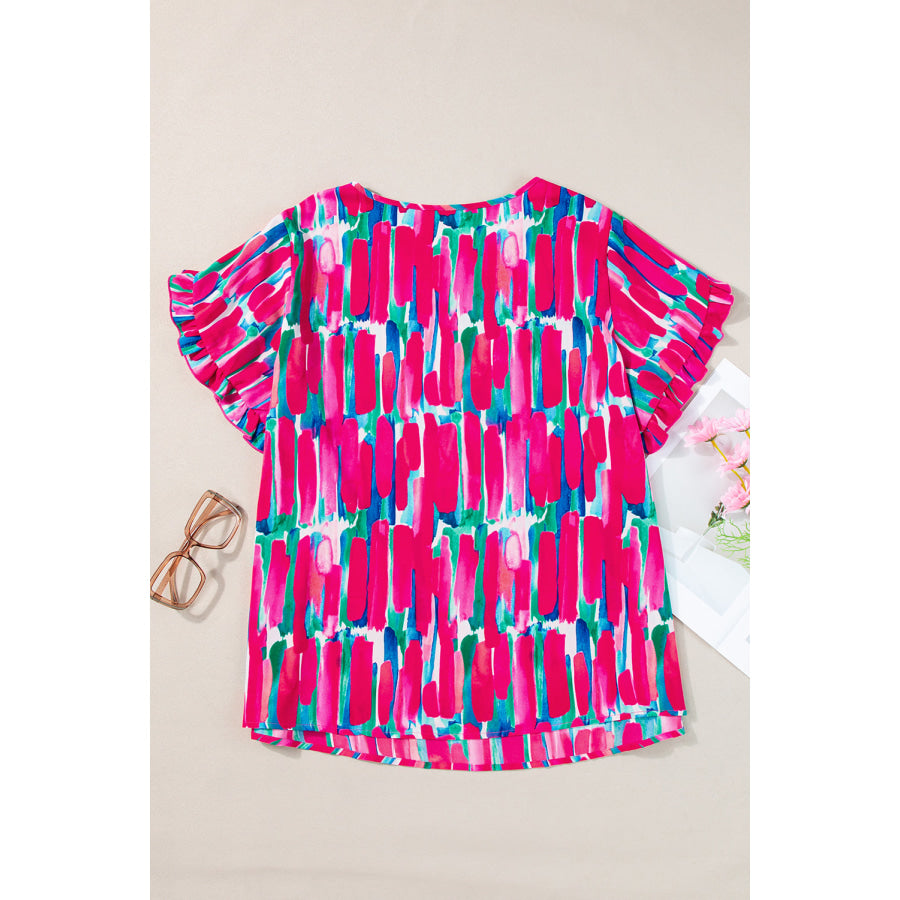 Rose Plus Size Abstract Print Ruffled Petal Sleeve Blouse Plus Size/Plus Size Tops/Plus Size Blouses &amp; Shirts