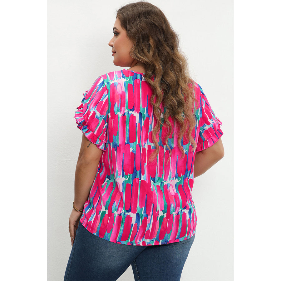 Rose Plus Size Abstract Print Ruffled Petal Sleeve Blouse Plus Size/Plus Size Tops/Plus Size Blouses &amp; Shirts