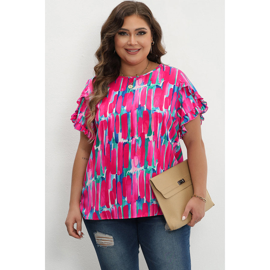 Rose Plus Size Abstract Print Ruffled Petal Sleeve Blouse Plus Size/Plus Size Tops/Plus Size Blouses &amp; Shirts