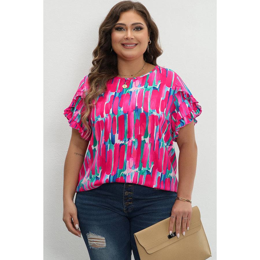 Rose Plus Size Abstract Print Ruffled Petal Sleeve Blouse Plus Size/Plus Size Tops/Plus Size Blouses &amp; Shirts