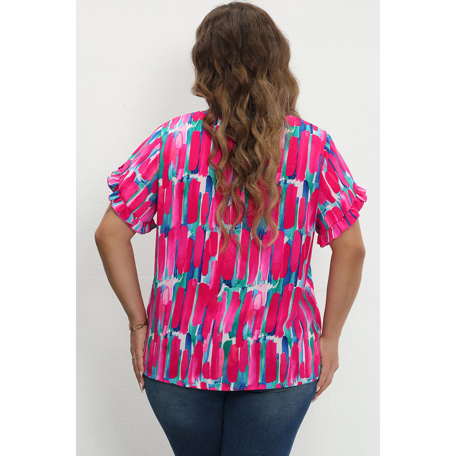 Rose Plus Size Abstract Print Ruffled Petal Sleeve Blouse Plus Size/Plus Size Tops/Plus Size Blouses &amp; Shirts