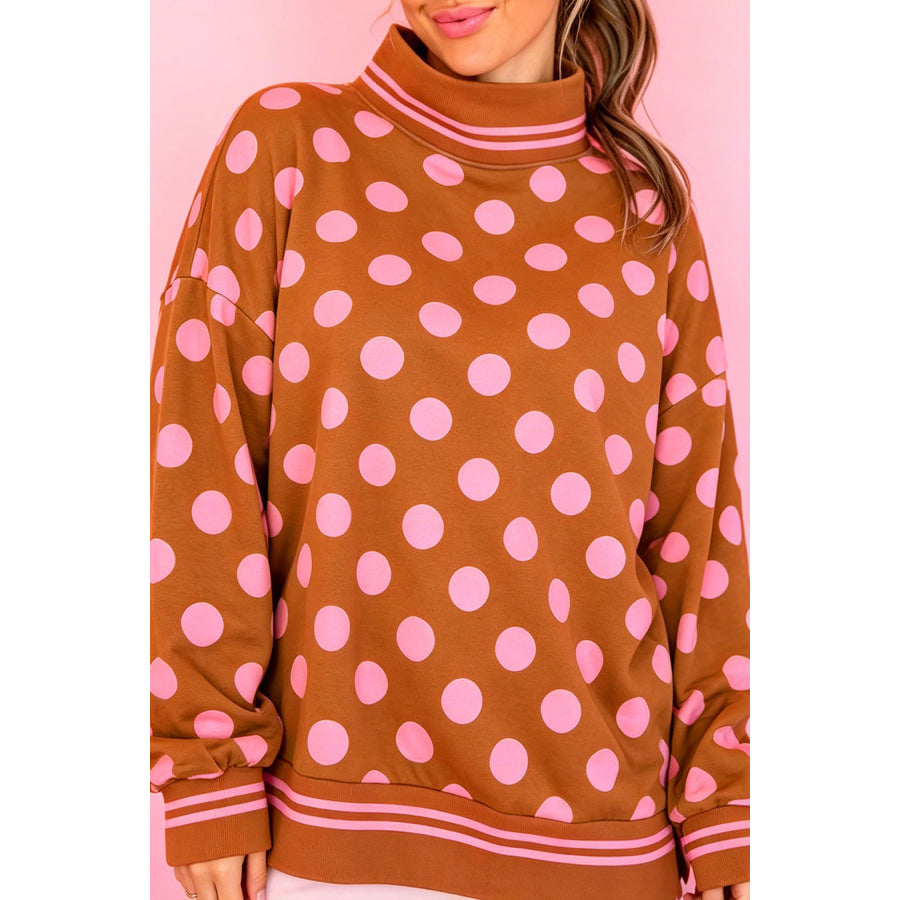 Rose Polka Dot Striped Trim Mock Neck Sweatshirt Brown / S Tops/Sweatshirts & Hoodies