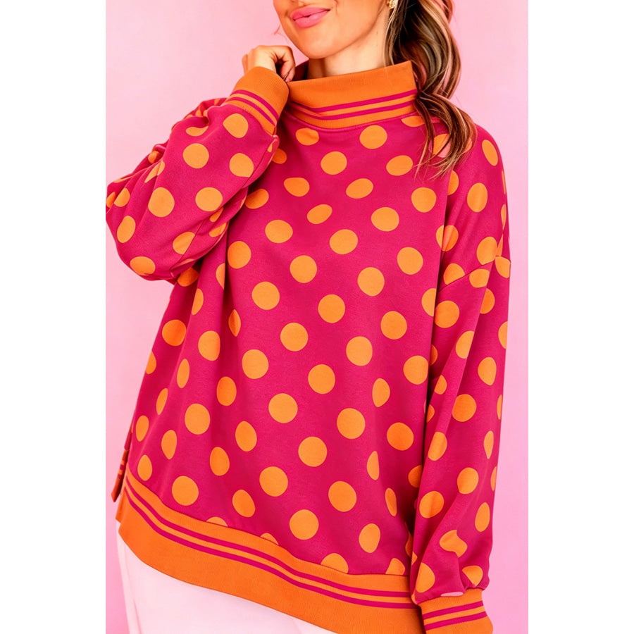 Rose Polka Dot Striped Trim Mock Neck Sweatshirt / S Tops/Sweatshirts & Hoodies