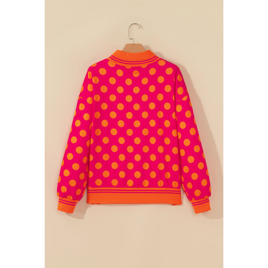 Rose Polka Dot Striped Trim Mock Neck Sweatshirt Tops/Sweatshirts & Hoodies