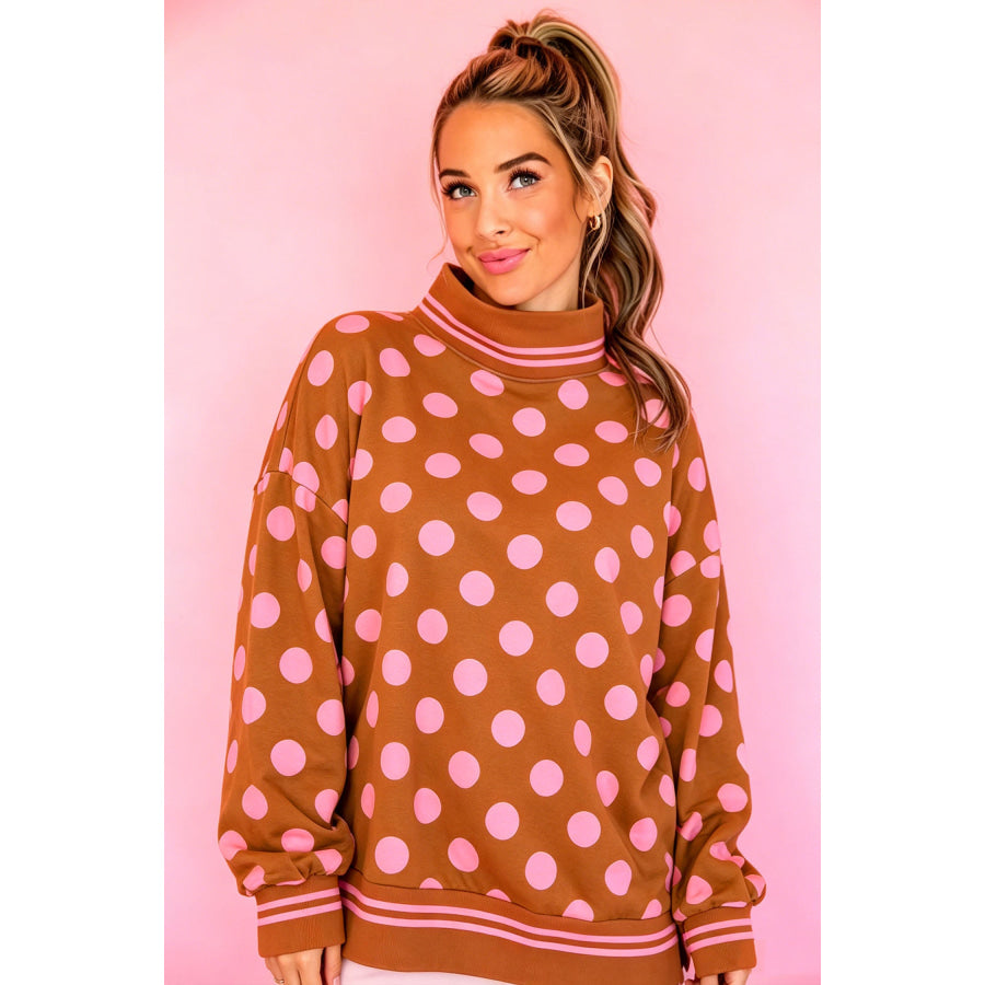 Rose Polka Dot Striped Trim Mock Neck Sweatshirt Tops/Sweatshirts & Hoodies