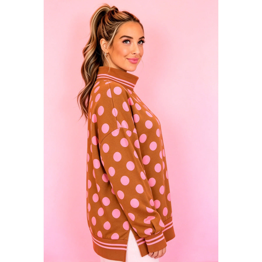 Rose Polka Dot Striped Trim Mock Neck Sweatshirt Tops/Sweatshirts & Hoodies
