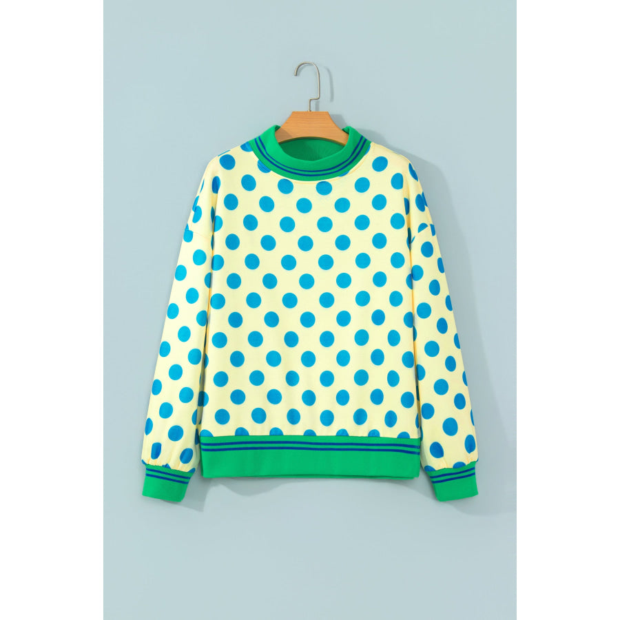 Rose Polka Dot Striped Trim Mock Neck Sweatshirt Tops/Sweatshirts & Hoodies
