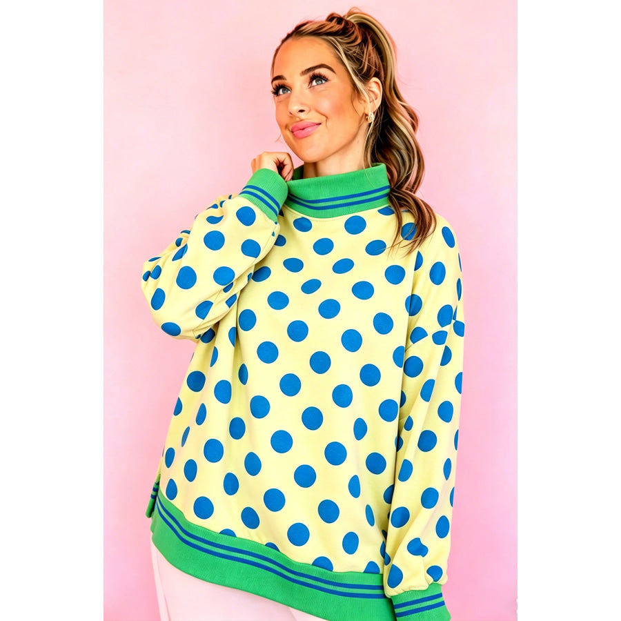 Rose Polka Dot Striped Trim Mock Neck Sweatshirt Tops/Sweatshirts & Hoodies