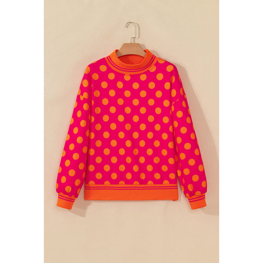 Rose Polka Dot Striped Trim Mock Neck Sweatshirt / S Tops/Sweatshirts & Hoodies