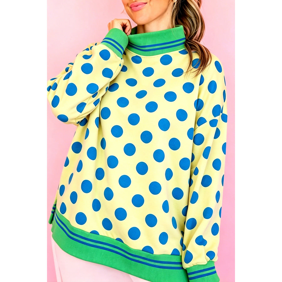 Rose Polka Dot Striped Trim Mock Neck Sweatshirt Yellow / S Tops/Sweatshirts & Hoodies