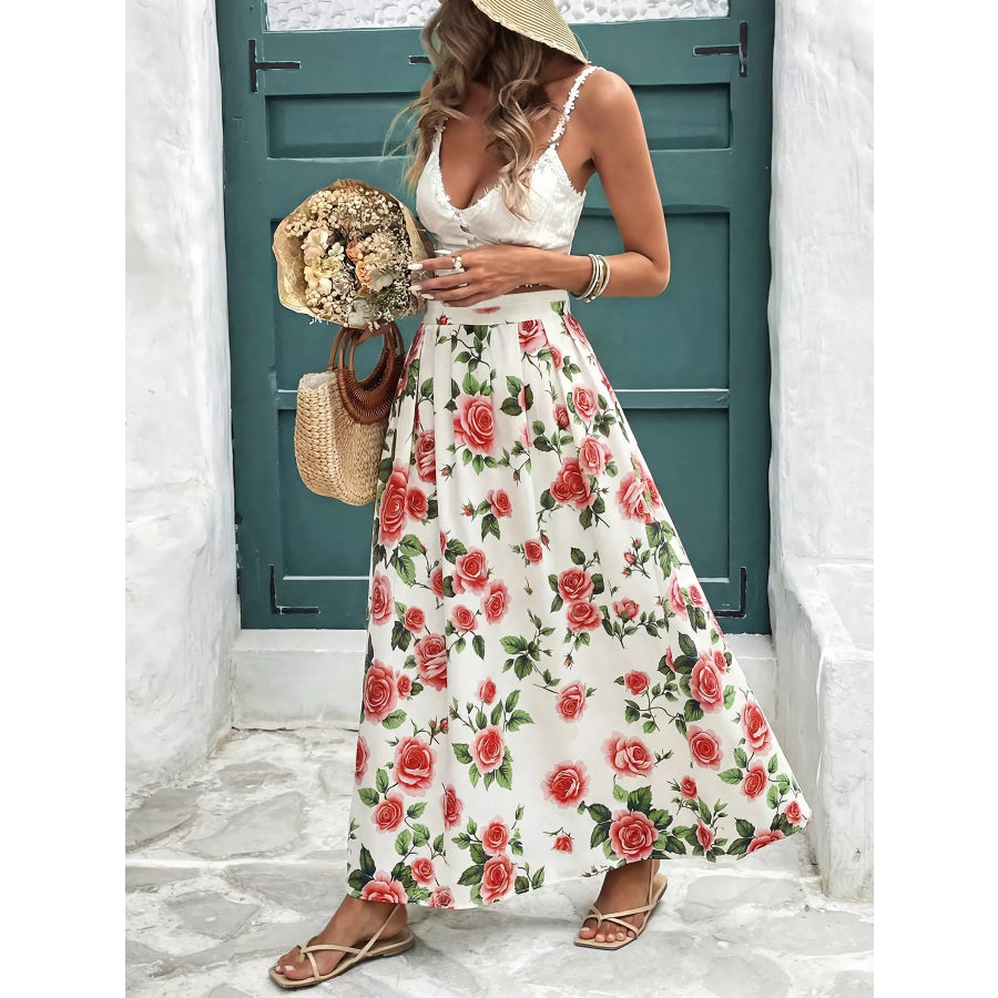 Rose Print Flowy Maxi Skirt Apparel and Accessories
