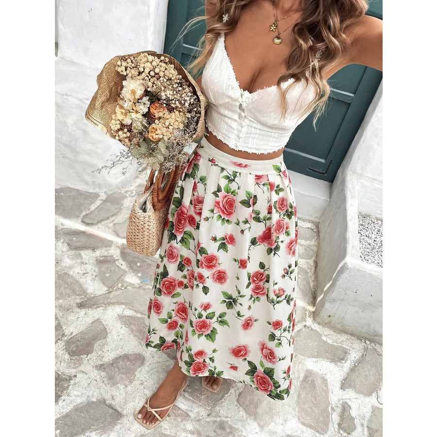 Rose Print Flowy Maxi Skirt Apparel and Accessories