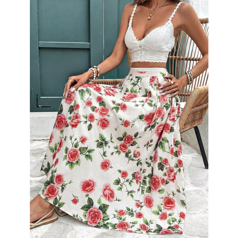 Rose Print Flowy Maxi Skirt Apparel and Accessories