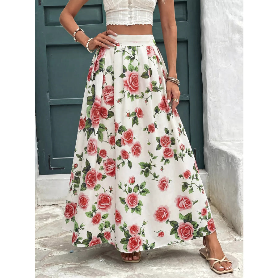 Rose Print Flowy Maxi Skirt Red / S Apparel and Accessories