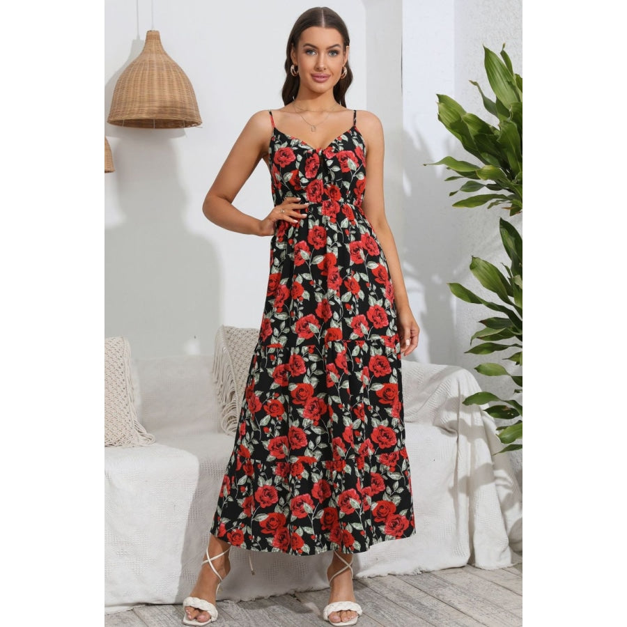 Rose Print Spaghetti Strap Sweetheart Neck Dress Floral / S