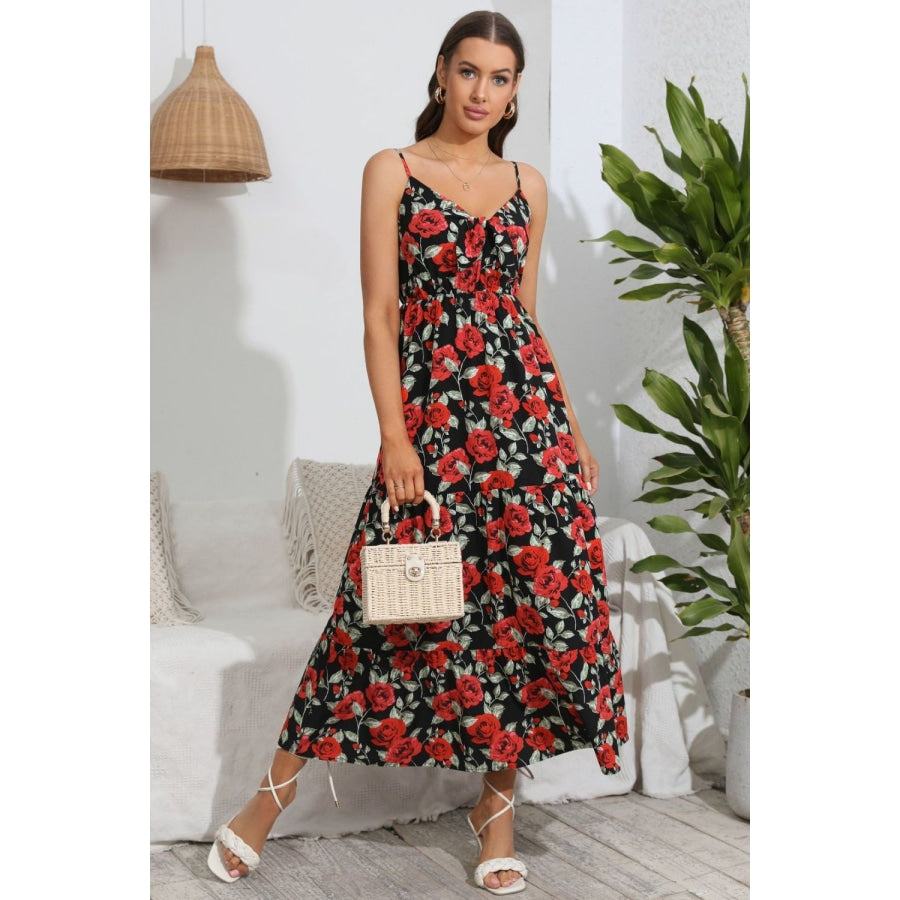 Rose Print Spaghetti Strap Sweetheart Neck Dress