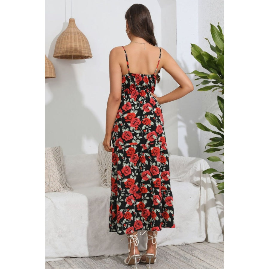 Rose Print Spaghetti Strap Sweetheart Neck Dress