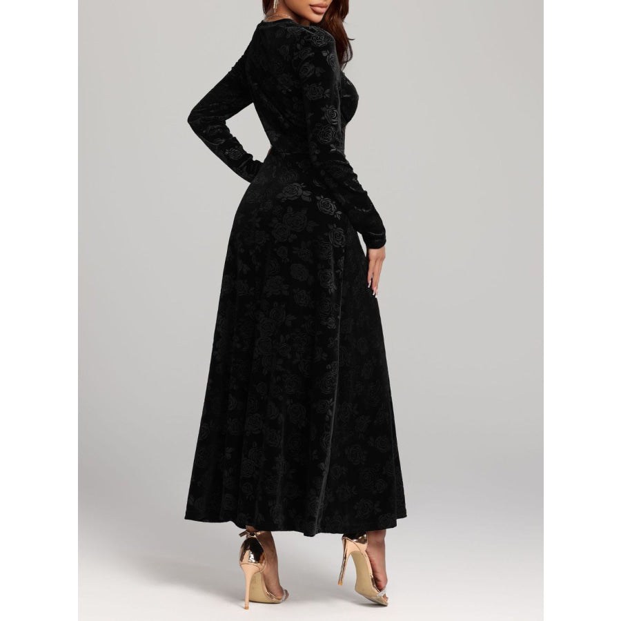 Rose Print V-Neck Long Sleeve Dress Black / S Apparel and Accessories