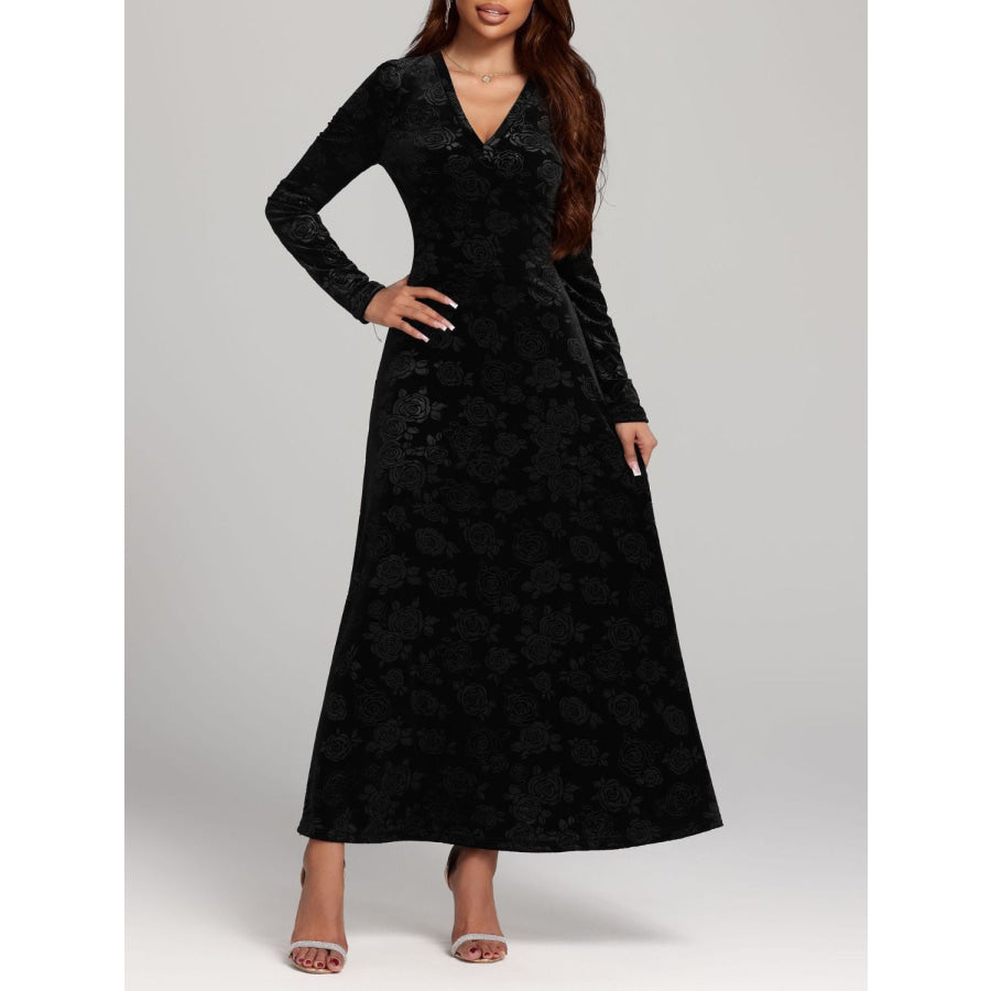 Rose Print V-Neck Long Sleeve Dress Apparel and Accessories