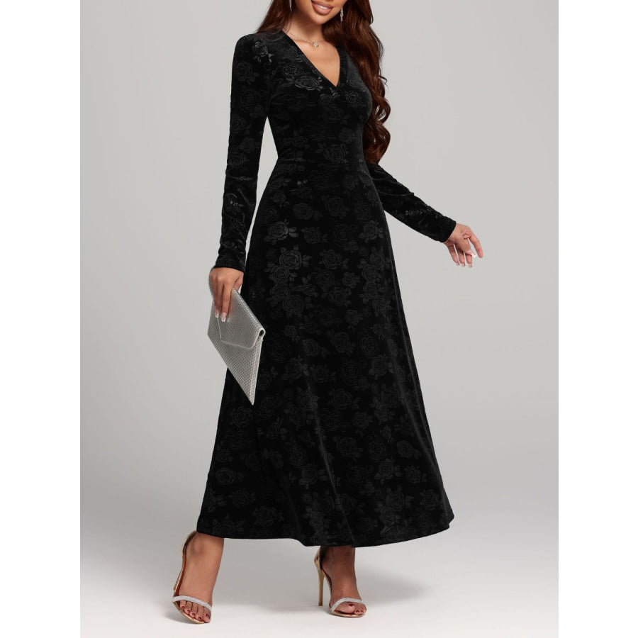 Rose Print V-Neck Long Sleeve Dress Black / S Apparel and Accessories