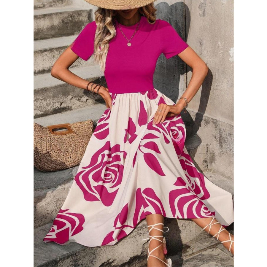 Rose Printed Round Neck Short Sleeve Dress Apparel and Accessories