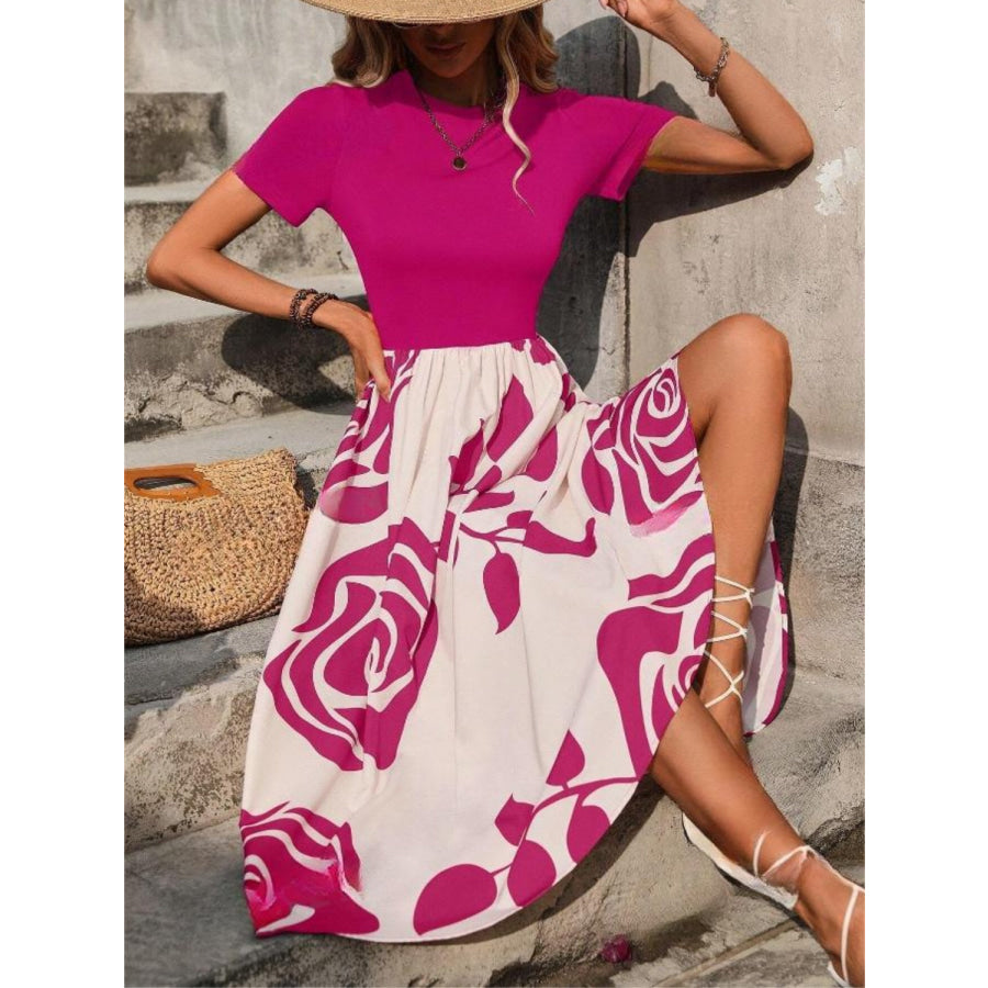 Rose Printed Round Neck Short Sleeve Dress Apparel and Accessories