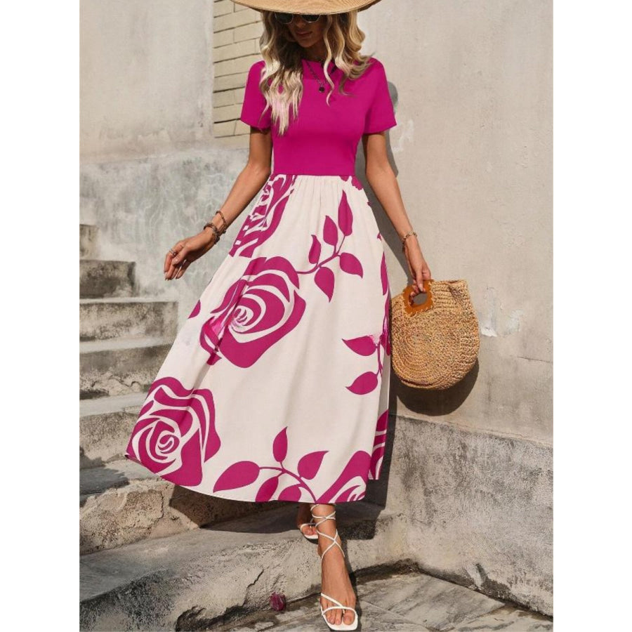 Rose Printed Round Neck Short Sleeve Dress Apparel and Accessories