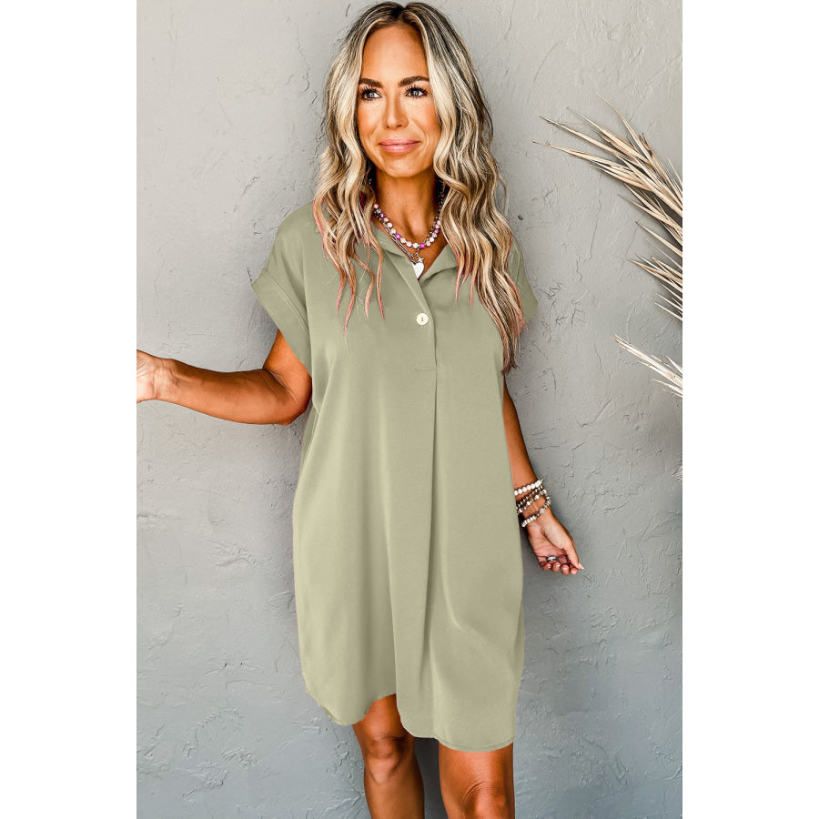 Rose Red Buttoned Collar Shift T-shirt Mini Dress Dresses/Mini Dresses