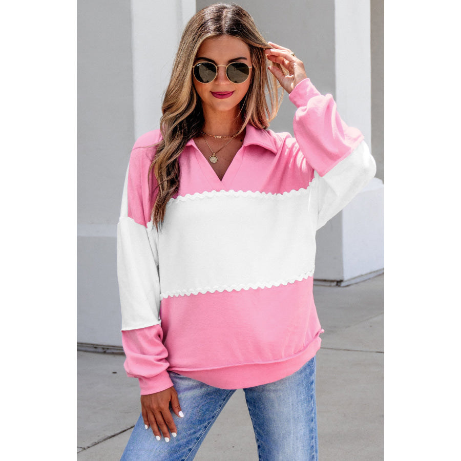 Rose Red Color Block Ricrac Trim Patchwork Collar V Neck Long Sleeve Top / S / 80% Polyester + 15% Cotton + 5% Elastane Tops/Long Tops