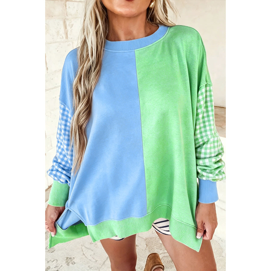 Rose Red Colorblock Gingham Sleeve Crewneck Sweatshirt Light Blue / S Tops/Sweatshirts & Hoodies