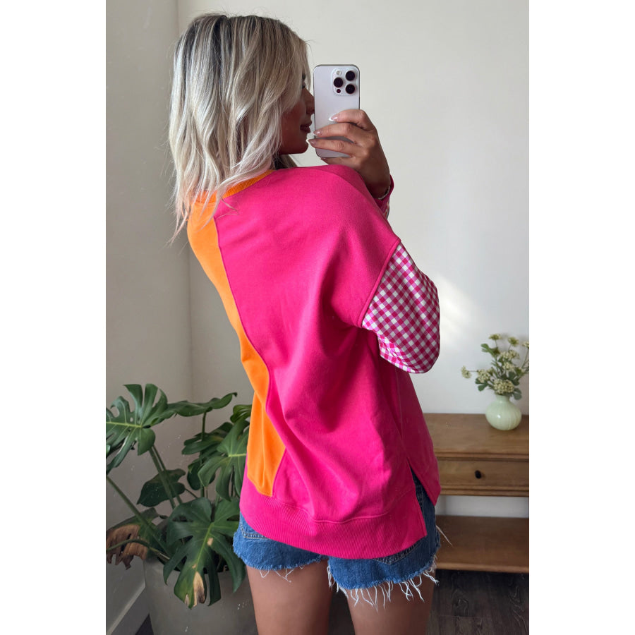 Rose Red Colorblock Gingham Sleeve Crewneck Sweatshirt Tops/Sweatshirts & Hoodies