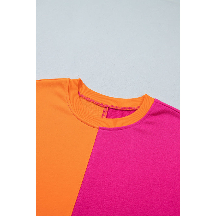 Rose Red Colorblock Gingham Sleeve Crewneck Sweatshirt Tops/Sweatshirts & Hoodies