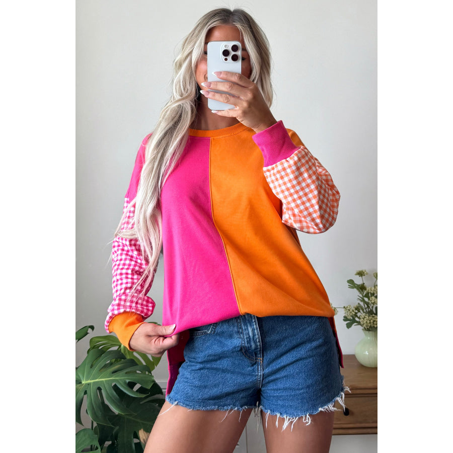 Rose Red Colorblock Gingham Sleeve Crewneck Sweatshirt Tops/Sweatshirts & Hoodies