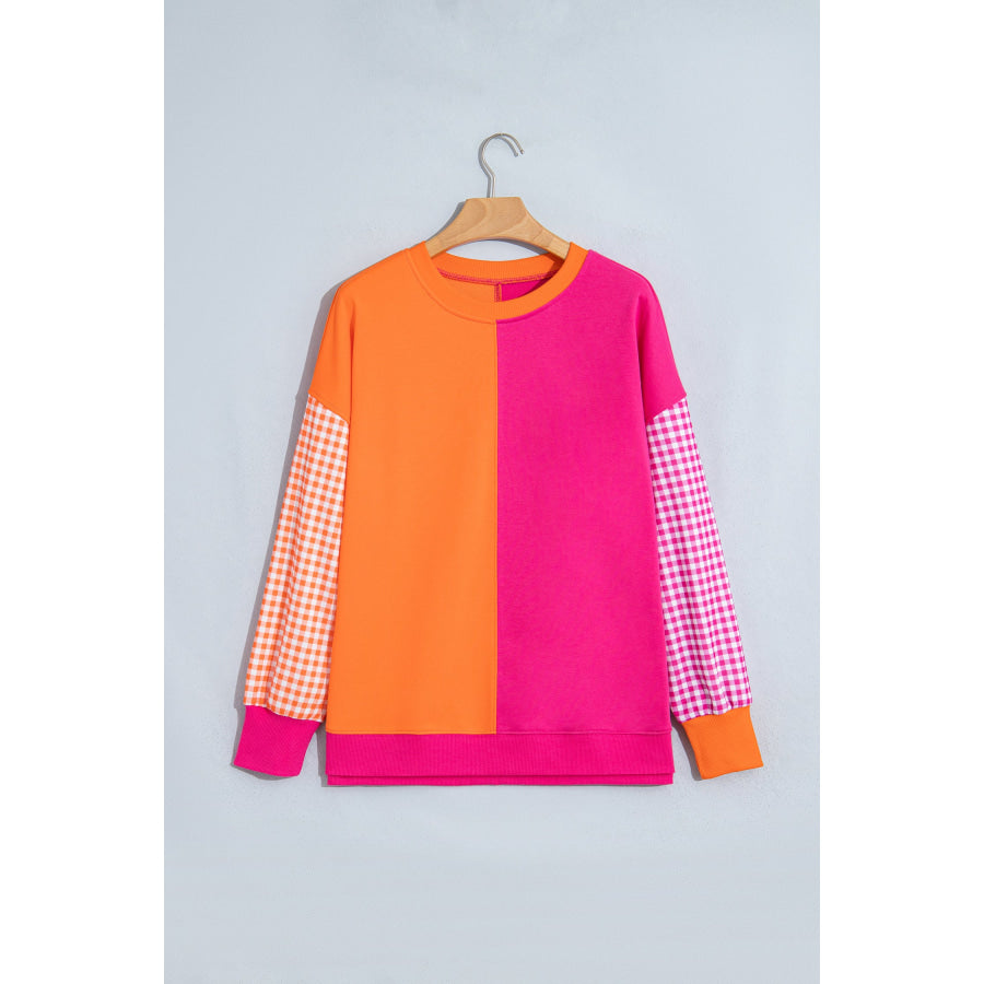 Rose Red Colorblock Gingham Sleeve Crewneck Sweatshirt Tops/Sweatshirts & Hoodies