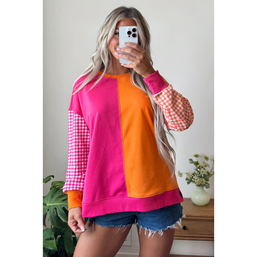 Rose Red Colorblock Gingham Sleeve Crewneck Sweatshirt Tops/Sweatshirts & Hoodies