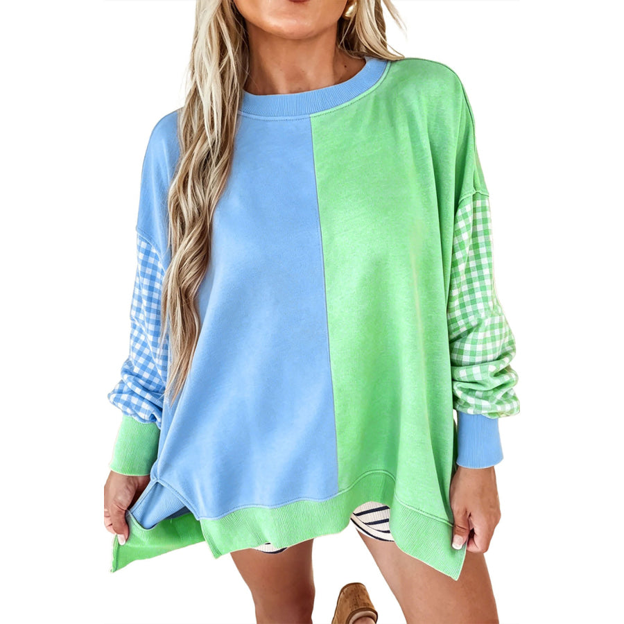 Rose Red Colorblock Gingham Sleeve Crewneck Sweatshirt Tops/Sweatshirts & Hoodies