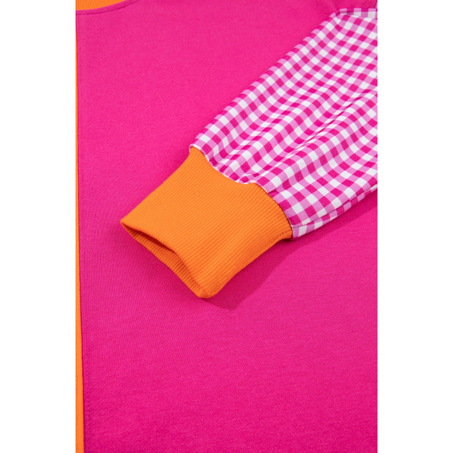 Rose Red Colorblock Gingham Sleeve Crewneck Sweatshirt Tops/Sweatshirts & Hoodies