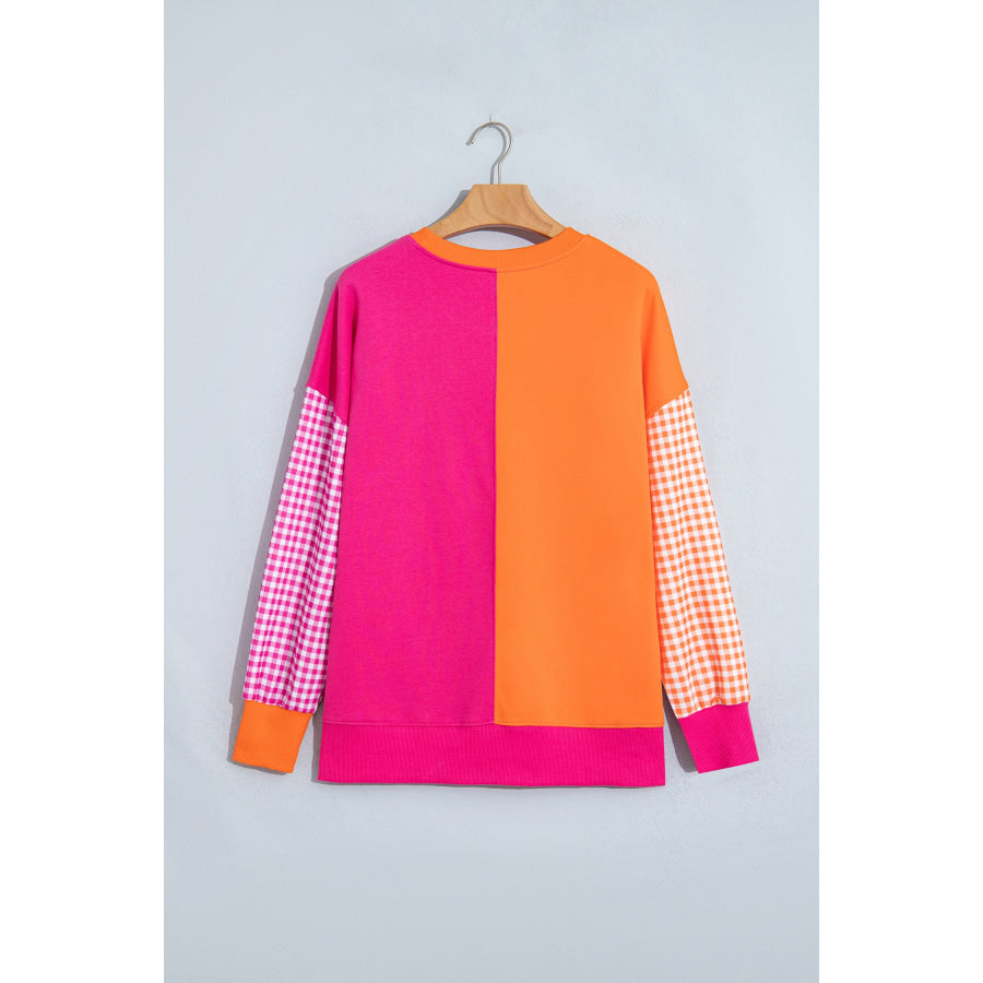Rose Red Colorblock Gingham Sleeve Crewneck Sweatshirt Tops/Sweatshirts & Hoodies