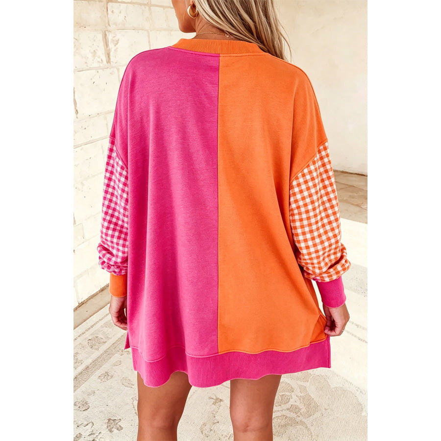 Rose Red Colorblock Gingham Sleeve Crewneck Sweatshirt Rose Red / S Tops/Sweatshirts & Hoodies