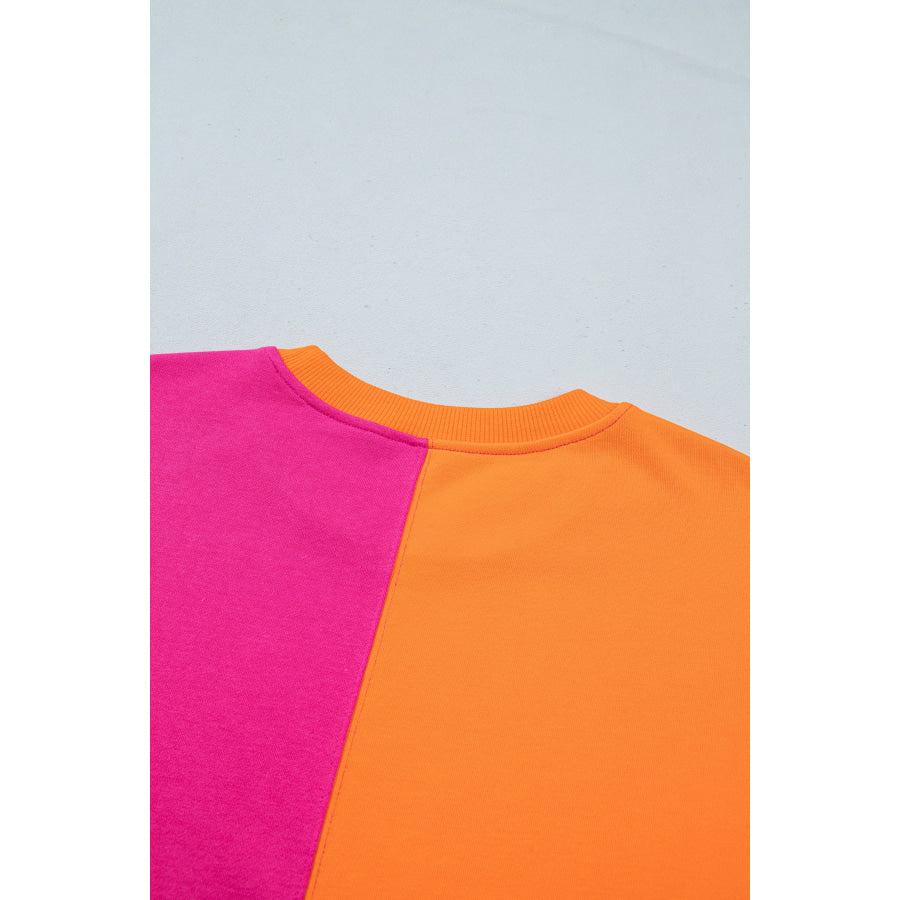 Rose Red Colorblock Gingham Sleeve Crewneck Sweatshirt Tops/Sweatshirts & Hoodies