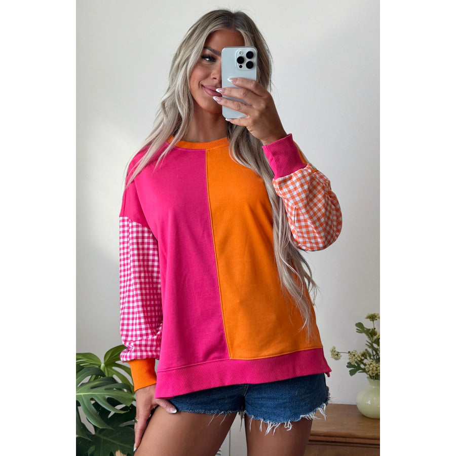 Rose Red Colorblock Gingham Sleeve Crewneck Sweatshirt Tops/Sweatshirts & Hoodies