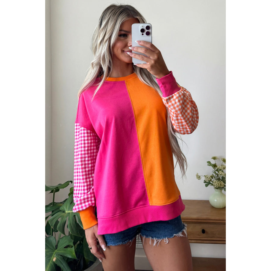 Rose Red Colorblock Gingham Sleeve Crewneck Sweatshirt Tops/Sweatshirts & Hoodies