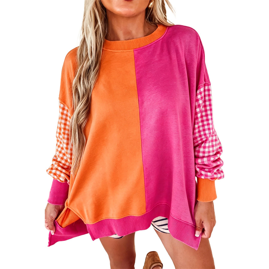 Rose Red Colorblock Gingham Sleeve Crewneck Sweatshirt Tops/Sweatshirts & Hoodies