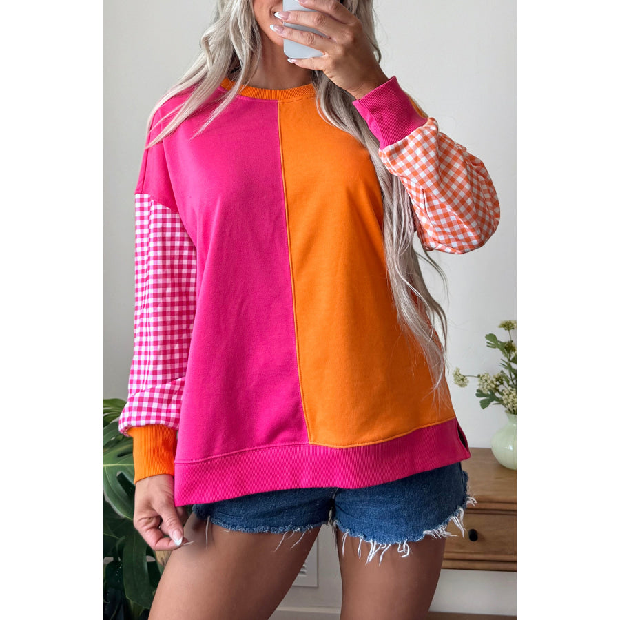 Rose Red Colorblock Gingham Sleeve Crewneck Sweatshirt Tops/Sweatshirts & Hoodies