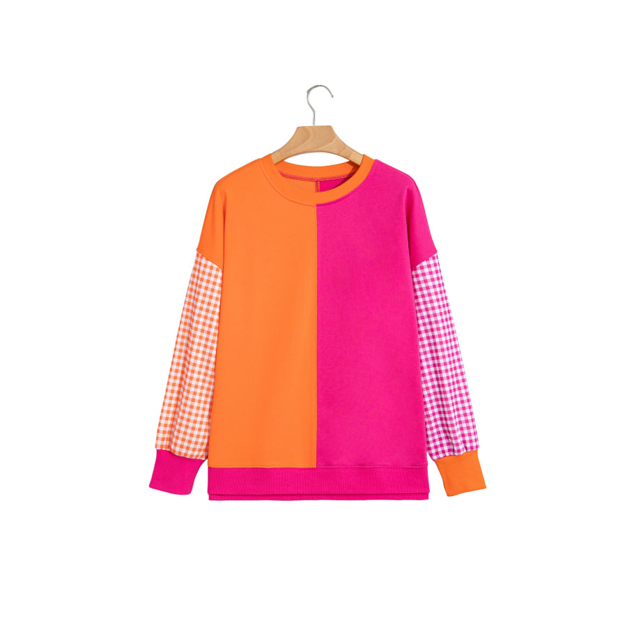 Rose Red Colorblock Gingham Sleeve Crewneck Sweatshirt Tops/Sweatshirts & Hoodies