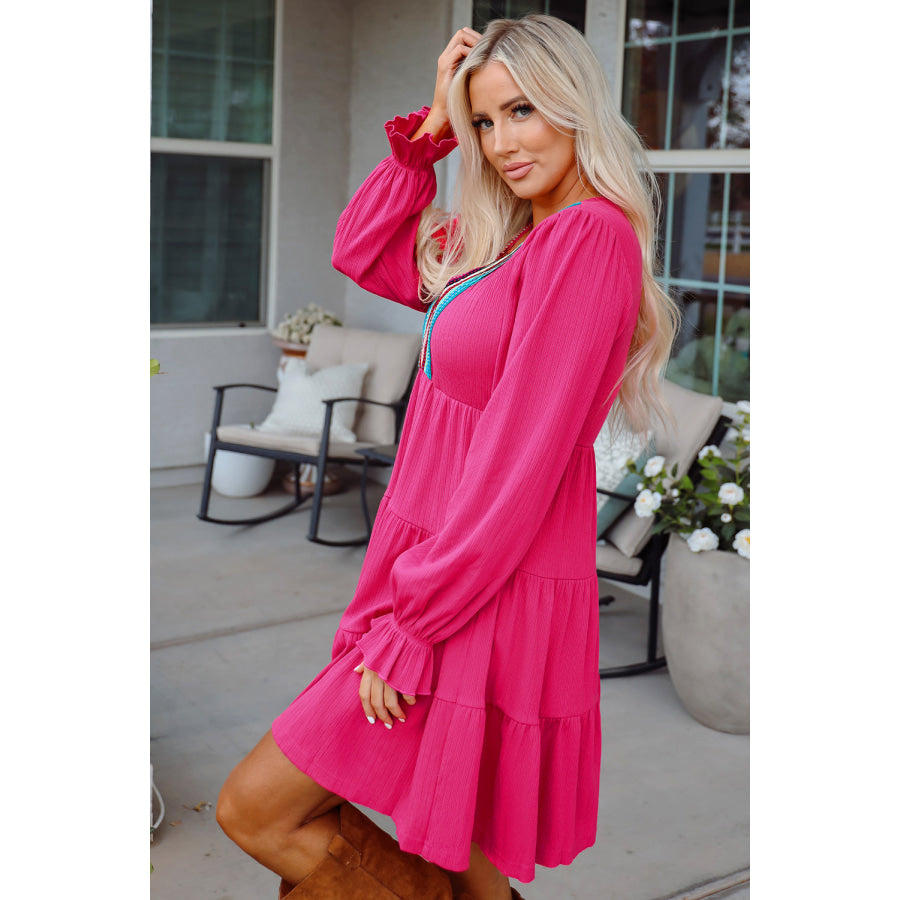 Rose Red Colorful Crochet V Neck Textured Tiered Ruffled Long Sleeve Mini Dress Dresses/Mini Dresses
