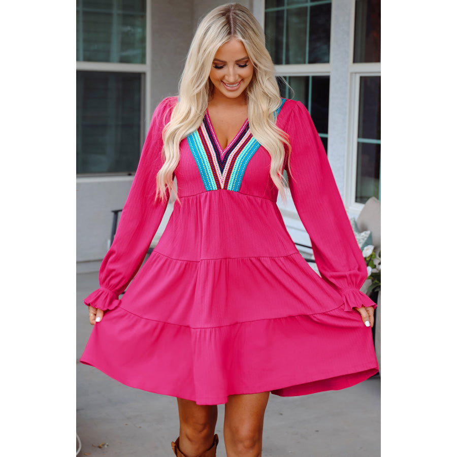 Rose Red Colorful Crochet V Neck Textured Tiered Ruffled Long Sleeve Mini Dress Dresses/Mini Dresses
