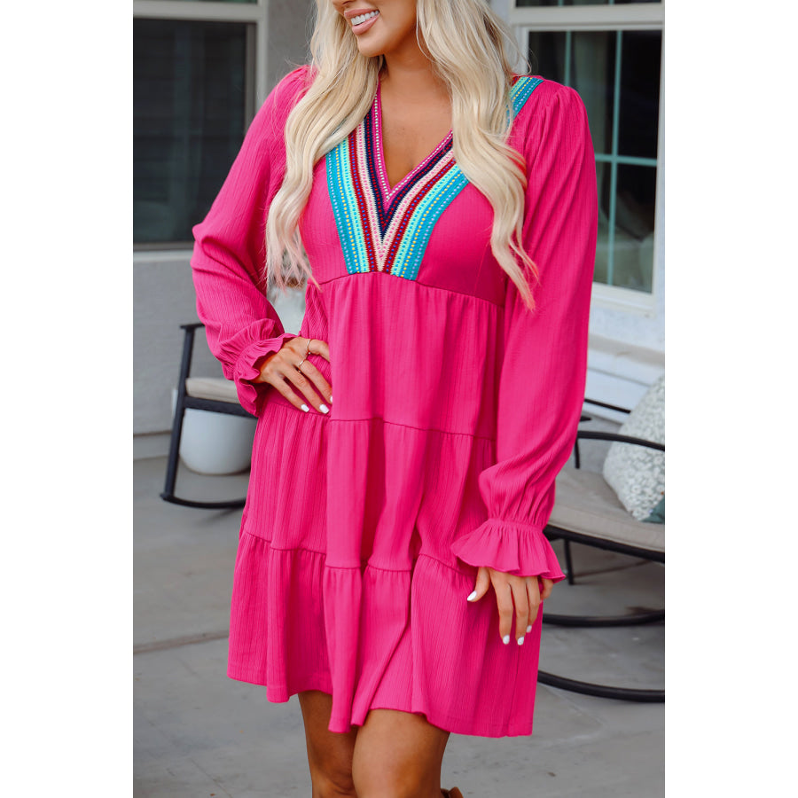 Rose Red Colorful Crochet V Neck Textured Tiered Ruffled Long Sleeve Mini Dress Dresses/Mini Dresses